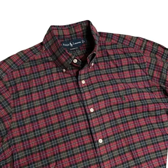 Ralph Lauren Shirt Mens L Red Plaid Button Down Green Holiday Cotton Festive - Picture 2 of 10